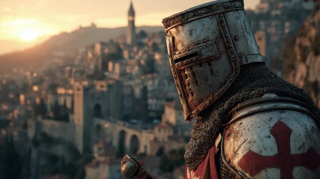 A medieval knight in worn metal armor with a red cross stands above an old cityscape at sunset, cinematic style, heroic and historical concept