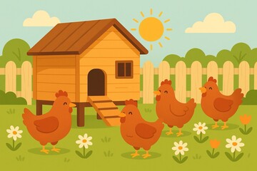 Cartoon chickens roaming around a wooden coop in a sunny garden  