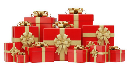 Stack of red gift boxes with gold ribbons and bows