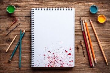 Art supplies arranged on a wooden surface.