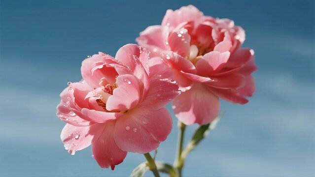Two Pink Roses with Dew Drops Against Clear Blue Sky - Powered by Adobe