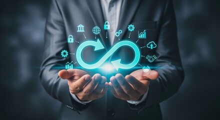 Circular Economy Business Concept: Businessman Holding Digital Infinity Loop with Finance and Technology Icons