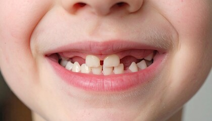 Close-up of a child's smiling mouth revealing several missing baby teeth and emerging adult teeth.