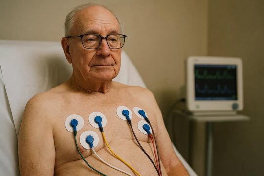 Senior man sitting with ECG electrodes attached to chest during heart examination in medical clinic, monitor in background.