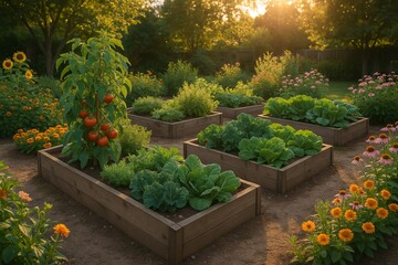 Vibrant vegetable garden with tomatoes and greens at sunset  