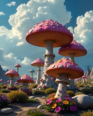 A surreal landscape where giant, leathery mushrooms pulse with vivid pastel colors under a swirling sky of synthetic clouds. Inhabiting this bizarre realm, whimsical creatures undergo a metamorphosis,