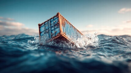 A blue shipping container is adrift at sea, battling waves under a cloudy sky, highlighting environmental concerns.