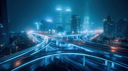 Fototapeta premium Futuristic Cityscape at Night with Glowing Highway Overpass and Modern Architecture, Representing Urban Innovation