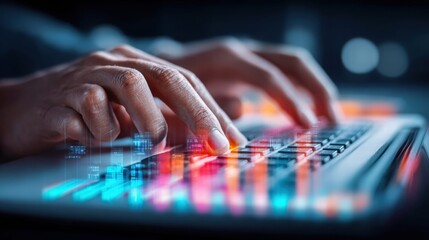A person's hands working on a laptop keyboard with digital data overlay in a futuristic setting.