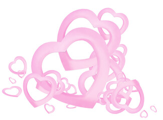 Isolated version of many sizes of open cutou pinkt hearts show dimension, shadows, & pastel coloring. Hearts overlap & appear to move forward in design.