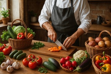 Man chopping vegetables in kitchen surrounded by fresh produce  