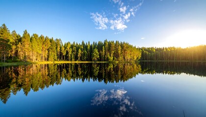 Serene forest lake sunrise panorama