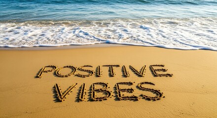 Positive Vibes Message Written in Sand Near the Ocean on a Sunny Day