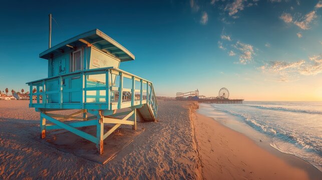 Lifeguard Station on a Sandy Beach at Sunset with Ferris Wheel and Amusement Park in Background - Powered by Adobe