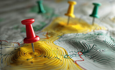 Detailed topographic map with colorful push pins marking significant locations during an outdoor adventure Generative AI