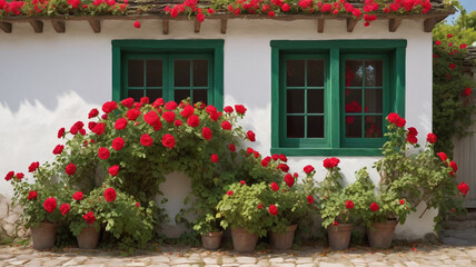 An old rustic house covered in red-colored flowers, giving a sense of warmth and peace on a sunny day.