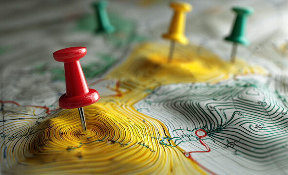 Detailed topographic map with colorful push pins marking significant locations during an outdoor adventure Generative AI - Powered by Adobe