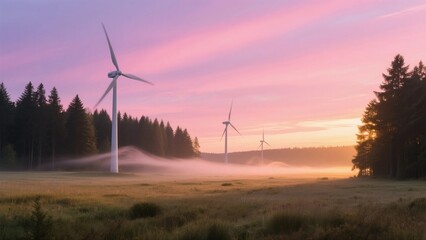 Obraz premium Sunrise over wind farm with misty meadow and trees