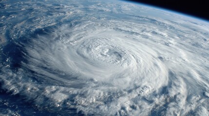 A massive hurricane forms over the ocean, showcasing its spiral shape and cloud structure from a viewpoint in space. The natural phenomenon is captured with clarity in daytime.