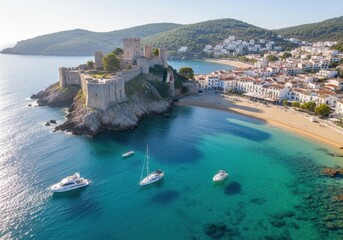 Aerial view of a coastal town with a medieval castle overlooking a beautiful bay with boats and a sandy beach