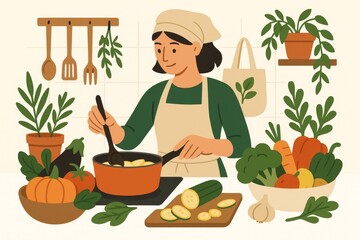 Woman cooking in kitchen surrounded by fresh vegetables and plants  