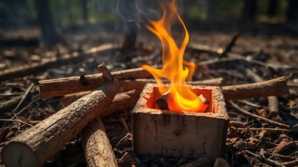 A small fire burning inside a square wooden container with logs around it in a forest setting