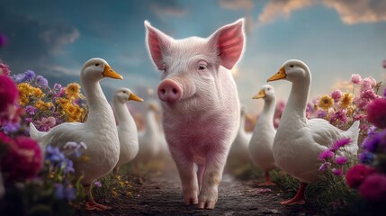 Obraz premium A cheerful pig leading ducks through a colorful field of flowers on a sunny day.