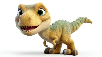A charming cartoon dinosaur smiles widely with bright, friendly eyes.