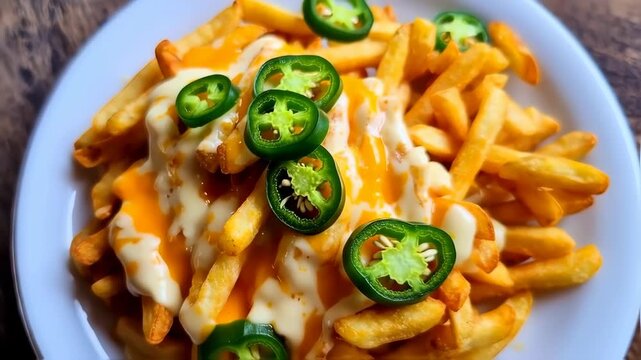 Golden french fries topped with melted cheese sauce and sliced jalape?os