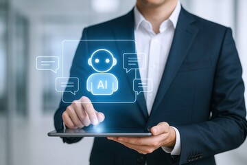 Businessman Interacting with Artificial Intelligence on Tablet: Modern Technology and Business Solutions Concept