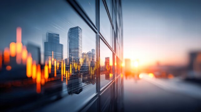Skyscrapers reflecting financial data, portraying investment opportunities during a beautiful sunset.