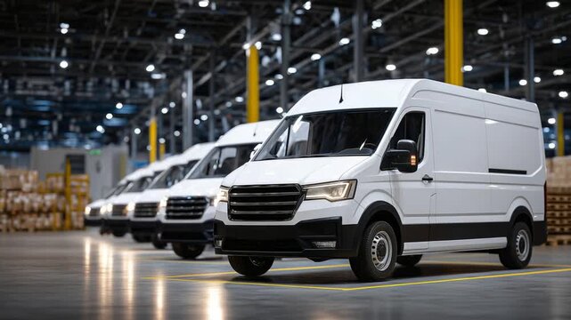 Explore a sleek warehouse setting featuring perfectly aligned white commercial vans, enhanced by ambient lighting that casts subtle shadows and highlights their details.