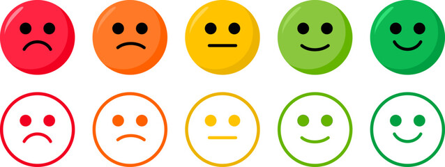 Colorful emoji faces with a flat style, user experience feedback, faces ranging from sad to happy, filled and outlined versions, ratings or emotional visual expressions