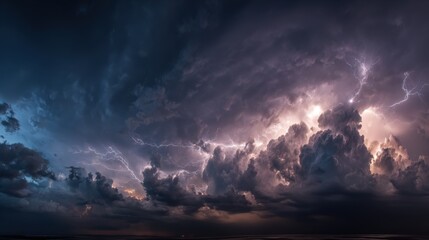 Obraz premium Lightning strikes through dark storm clouds, creating an awe-inspiring display over an expansive area during twilight. The combination of colors adds to the captivating atmosphere.