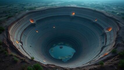 Ancient impact crater with mysterious geological formations glowing with preservation symbols in Ghana