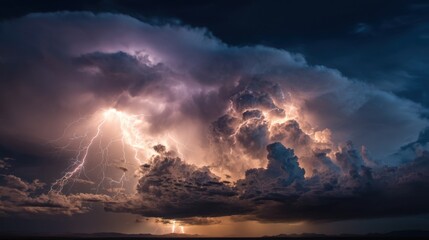 A powerful lightning storm lights up the sky, with intense flashes illuminating dark clouds. The atmosphere is charged, showcasing nature's raw energy at night in a dramatic display.