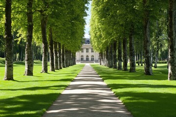 Obraz premium A pathway lined with trees leading to a light-colored building.