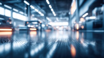 A blurry industrial scene with a reflective floor, capturing a sense of modern manufacturing.