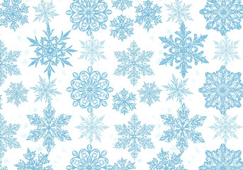 A seamless pattern of various blue snowflakes scattered on a white background design art