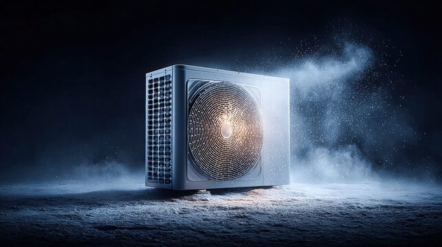 The heat pump, enveloped by a frosty atmosphere, suggests energy-efficient climate control.