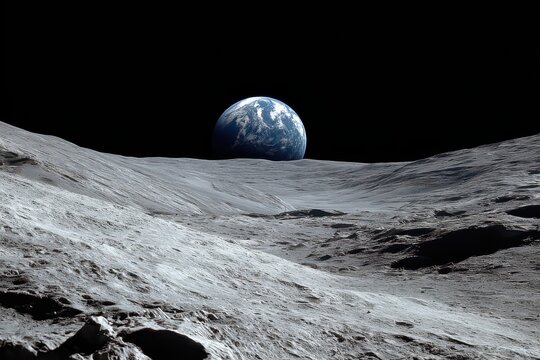 Breathtaking view of Earth from the moon surface captures the majesty of space and the desolate beauty of lunar terrain in stunning detail
