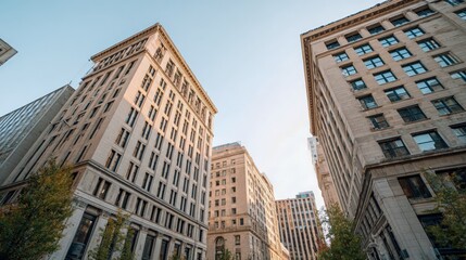 Obraz premium Downtown Cityscape Featuring Classic Architecture and Urban Skyline, Depicting Financial District and Business Centers