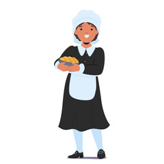 Happy smiling girl child cartoon character wearing traditional costume carrying thanksgiving pie
