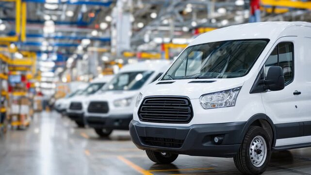 Showcase of pristine commercial vans with industrial lighting in a bustling warehouse setting.