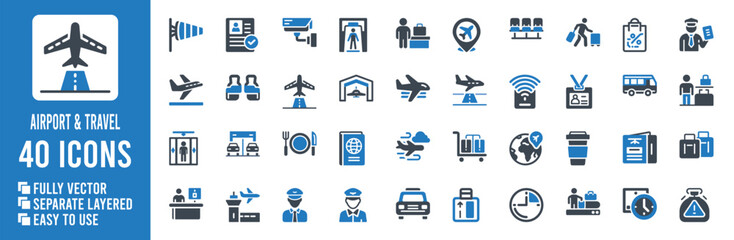 Airplane travel transportation airport services and passenger icons vector