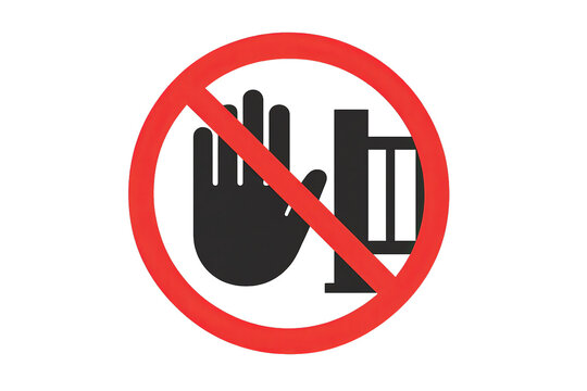 Solid black hand with barrier inside red prohibition circle, no touching, transparent background