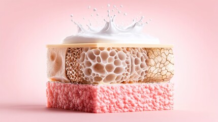 Artistic representation of skin layers with a milk splash, symbolizing skincare and hydration.