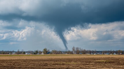 Fototapeta premium A tornado is emerging from dark, swirling clouds above a flat landscape. The scene captures the tension and power of a stormy day, with agricultural land and distant trees below.