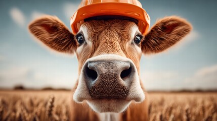 A cow wears a construction hat in a wheat field, a humorous and unique portrait.