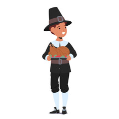 Cute boy child cartoon character wearing pilgrim suit carrying roasted turkey on tray for treat